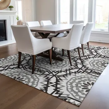 5' X 8' White Black And Gray Floral Medallion Washable Indoor Outdoor Area Rug
