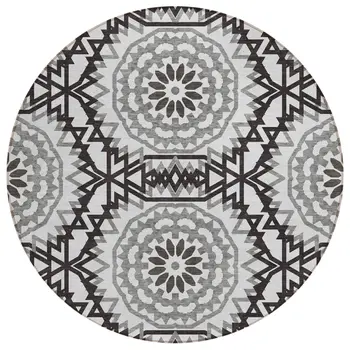 8' White Black And Gray Round Floral Medallion Washable Indoor Outdoor Area Rug