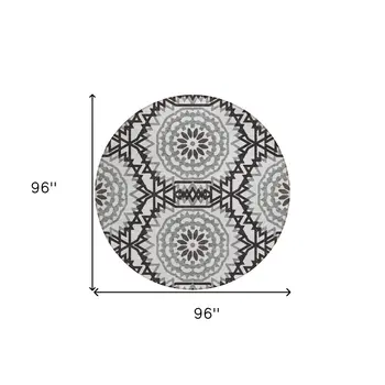 8' White Black And Gray Round Floral Medallion Washable Indoor Outdoor Area Rug