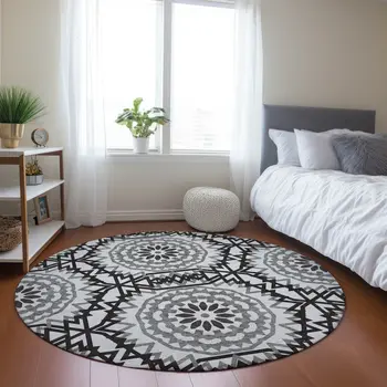 8' White Black And Gray Round Floral Medallion Washable Indoor Outdoor Area Rug