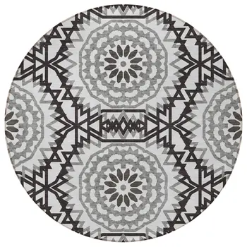 8' White Black And Gray Round Floral Medallion Washable Indoor Outdoor Area Rug