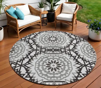 8' White Black And Gray Round Floral Medallion Washable Indoor Outdoor Area Rug