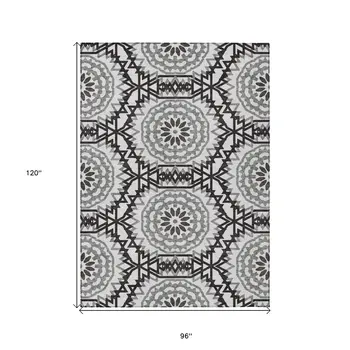 8' X 10' White Black And Gray Floral Medallion Washable Indoor Outdoor Area Rug