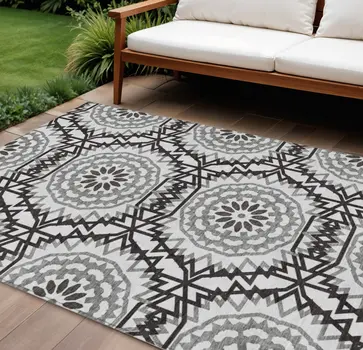 9' X 12' White Black And Gray Floral Medallion Washable Indoor Outdoor Area Rug