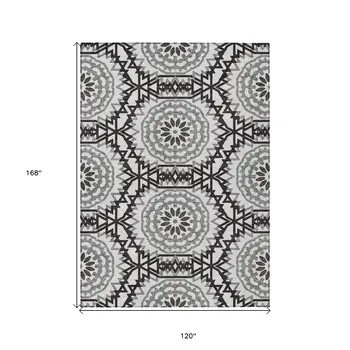 10' X 14' White Black And Gray Floral Medallion Washable Indoor Outdoor Area Rug