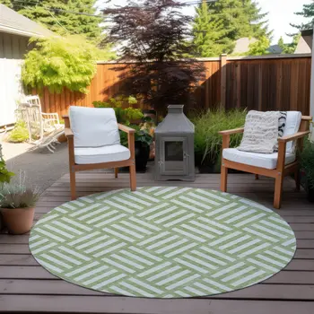 8' Artichoke Green And Ivory Round Geometric Washable Indoor Outdoor Area Rug