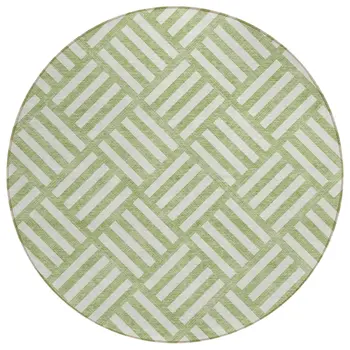 8' Artichoke Green And Ivory Round Geometric Washable Indoor Outdoor Area Rug
