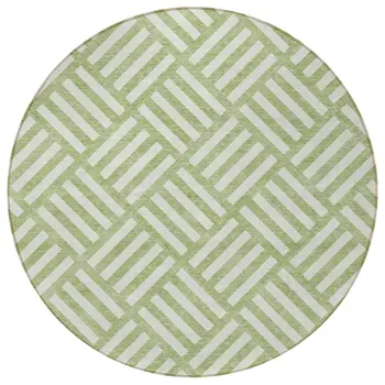 8' Artichoke Green And Ivory Round Geometric Washable Indoor Outdoor Area Rug