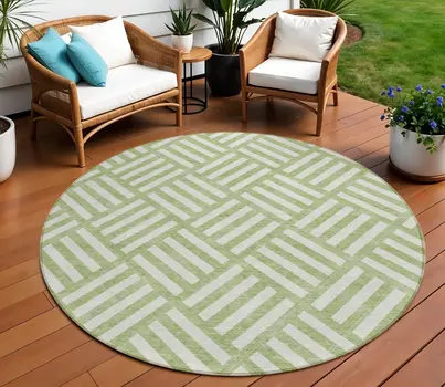 8' Artichoke Green And Ivory Round Geometric Washable Indoor Outdoor Area Rug