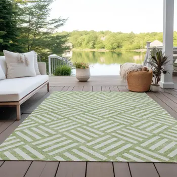 8' X 10' Artichoke Green And Ivory Geometric Washable Indoor Outdoor Area Rug