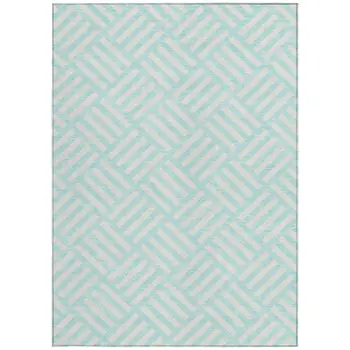 3' X 5' Aqua And Ivory Geometric Washable Indoor Outdoor Area Rug
