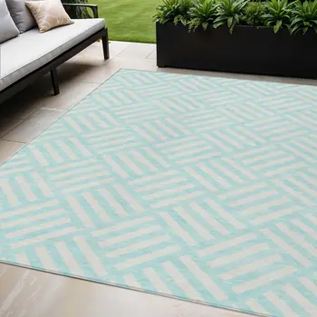 5' X 8' Aqua And Ivory Geometric Washable Indoor Outdoor Area Rug
