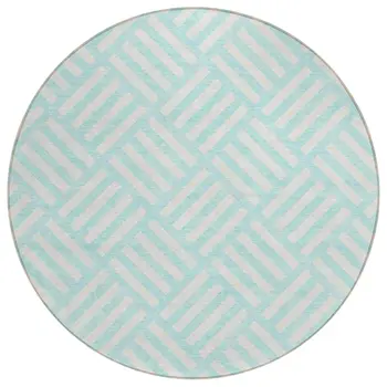 8' Aqua And Ivory Round Geometric Washable Indoor Outdoor Area Rug