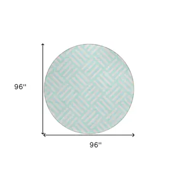 8' Aqua And Ivory Round Geometric Washable Indoor Outdoor Area Rug