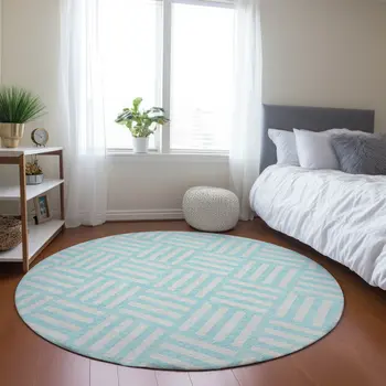 8' Aqua And Ivory Round Geometric Washable Indoor Outdoor Area Rug