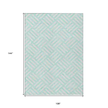 9' X 12' Aqua And Ivory Geometric Washable Indoor Outdoor Area Rug