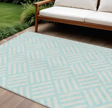 10' X 14' Aqua And Ivory Geometric Washable Indoor Outdoor Area Rug