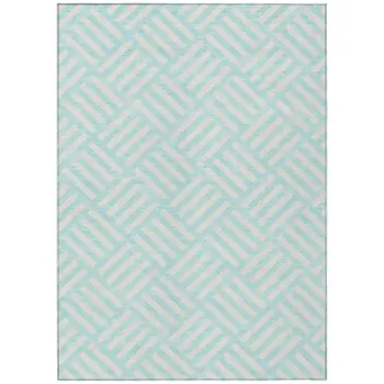 10' X 14' Aqua And Ivory Geometric Washable Indoor Outdoor Area Rug