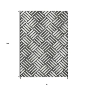 3' X 5' Black And Ivory Geometric Washable Indoor Outdoor Area Rug