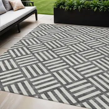 5' X 8' Black And Ivory Geometric Washable Indoor Outdoor Area Rug