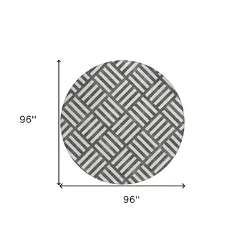 8' Black And Ivory Round Geometric Washable Indoor Outdoor Area Rug