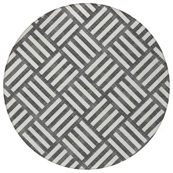 8' Black And Ivory Round Geometric Washable Indoor Outdoor Area Rug