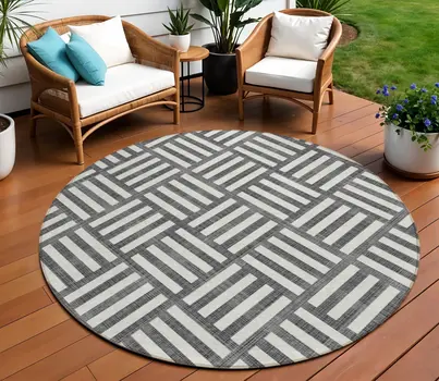 8' Black And Ivory Round Geometric Washable Indoor Outdoor Area Rug