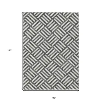 8' X 10' Black And Ivory Geometric Washable Indoor Outdoor Area Rug