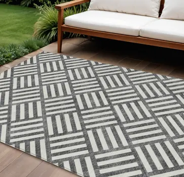 9' X 12' Black And Ivory Geometric Washable Indoor Outdoor Area Rug