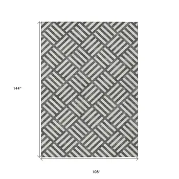 9' X 12' Black And Ivory Geometric Washable Indoor Outdoor Area Rug