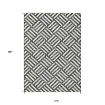 10' X 14' Black And Ivory Geometric Washable Indoor Outdoor Area Rug