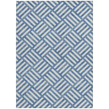 5' X 8' Blue And Ivory Geometric Washable Indoor Outdoor Area Rug