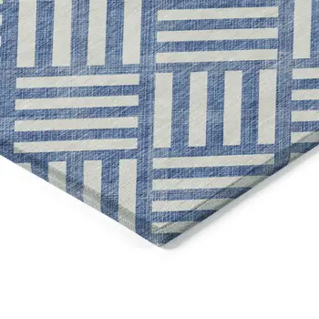 5' X 8' Blue And Ivory Geometric Washable Indoor Outdoor Area Rug