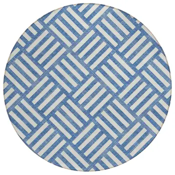 8' Blue And Ivory Round Geometric Washable Indoor Outdoor Area Rug