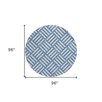 8' Blue And Ivory Round Geometric Washable Indoor Outdoor Area Rug