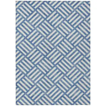 8' X 10' Blue And Ivory Geometric Washable Indoor Outdoor Area Rug