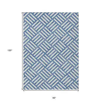 8' X 10' Blue And Ivory Geometric Washable Indoor Outdoor Area Rug