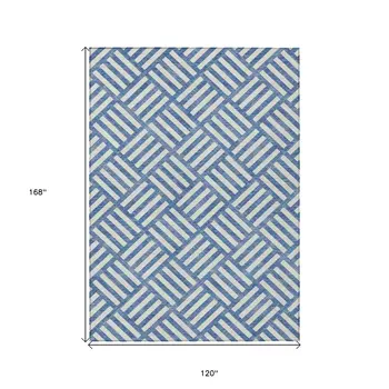 10' X 14' Blue And Ivory Geometric Washable Indoor Outdoor Area Rug