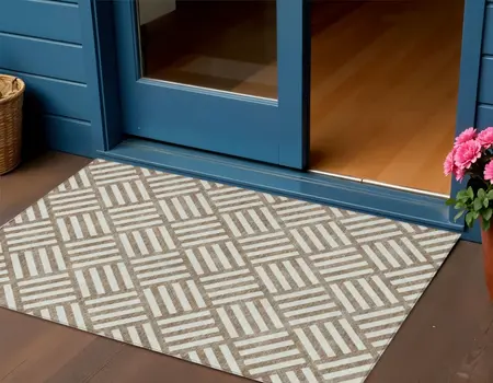 3' X 5' Brown And Ivory Geometric Washable Indoor Outdoor Area Rug