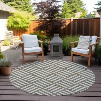 8' Brown And Ivory Round Geometric Washable Indoor Outdoor Area Rug