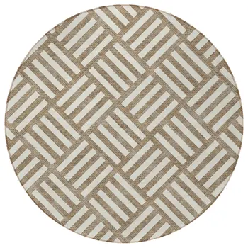 8' Brown And Ivory Round Geometric Washable Indoor Outdoor Area Rug