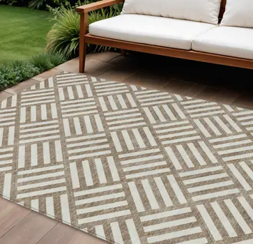 8' X 10' Brown And Ivory Geometric Washable Indoor Outdoor Area Rug