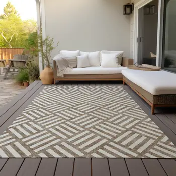 8' X 10' Brown And Ivory Geometric Washable Indoor Outdoor Area Rug