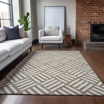 8' X 10' Brown And Ivory Geometric Washable Indoor Outdoor Area Rug