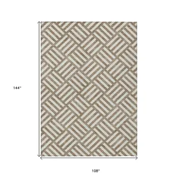9' X 12' Brown And Ivory Geometric Washable Indoor Outdoor Area Rug