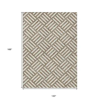 10' X 14' Brown And Ivory Geometric Washable Indoor Outdoor Area Rug
