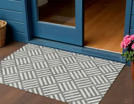 3' X 5' Charcoal And Ivory Geometric Washable Indoor Outdoor Area Rug