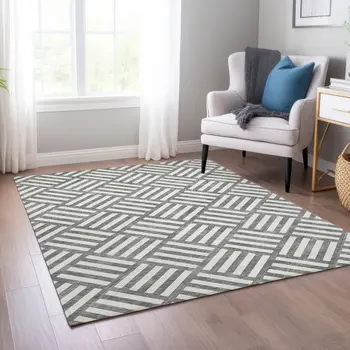 5' X 8' Charcoal And Ivory Geometric Washable Indoor Outdoor Area Rug