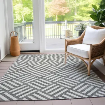 5' X 8' Charcoal And Ivory Geometric Washable Indoor Outdoor Area Rug