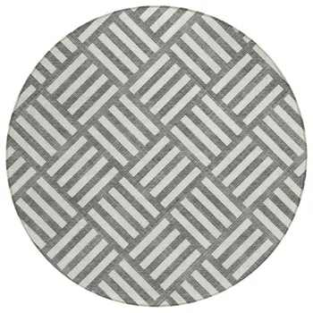 8' Charcoal And Ivory Round Geometric Washable Indoor Outdoor Area Rug